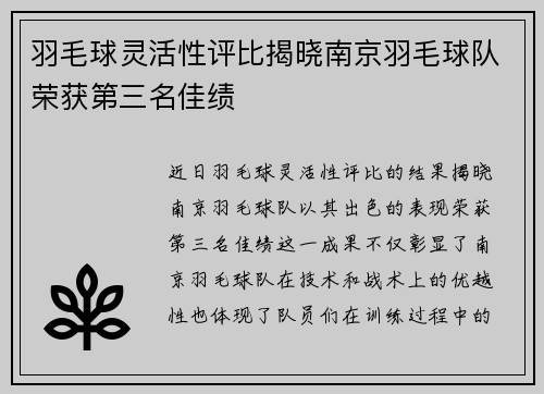 羽毛球灵活性评比揭晓南京羽毛球队荣获第三名佳绩